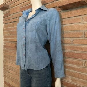 Lemon Grass Faux Suede Paisley Button Shirt Blue Large